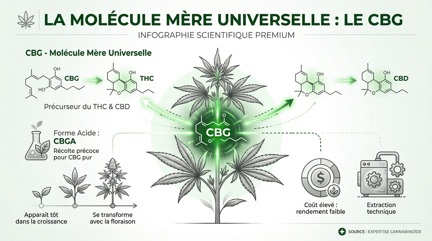 Infographie expliquant le rôle du CBG comme molécule mère des cannabinoïdes
