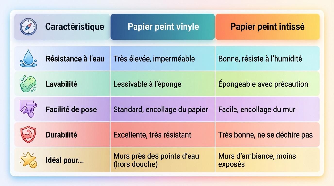 Comparaison entre papier peint vinyle et intissé pour choisir le bon revêtement mural en salle de bain