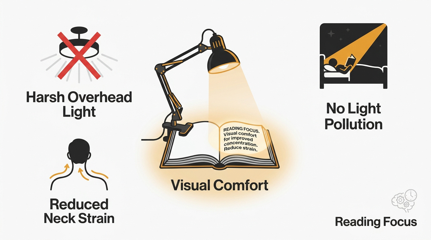 Focused LED clamp lamp illuminating a book in a dark room for eye comfort