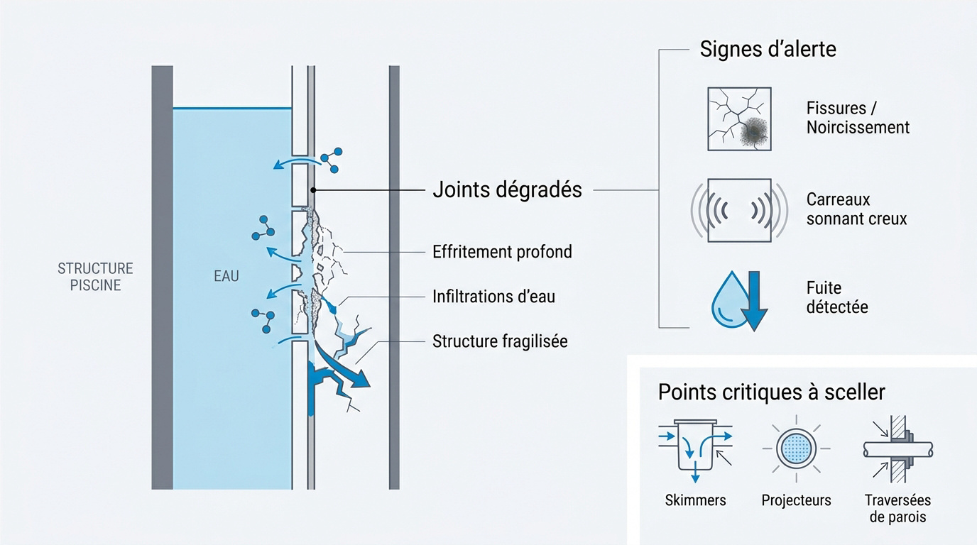 Joints de carrelage de piscine présentant des signes d'usure et de fissures