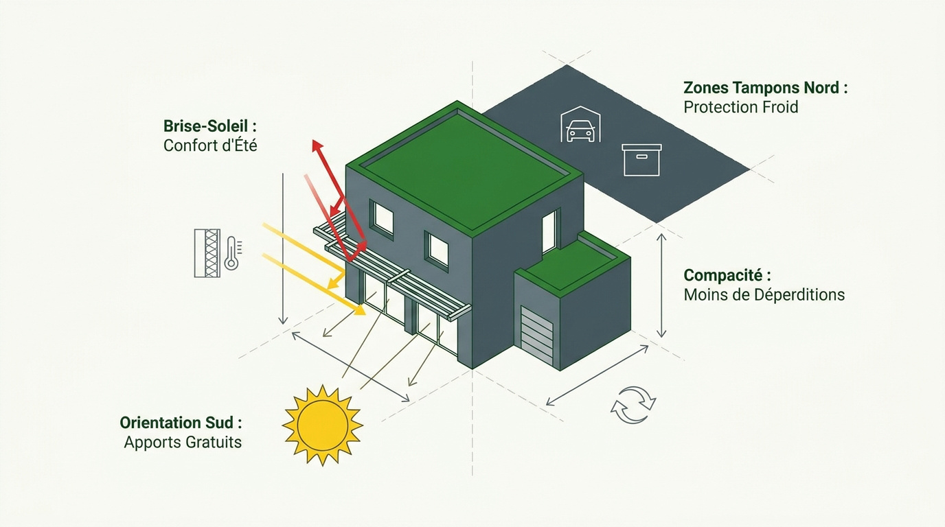 Schéma d'une conception bioclimatique pour une maison passive optimisant les apports solaires