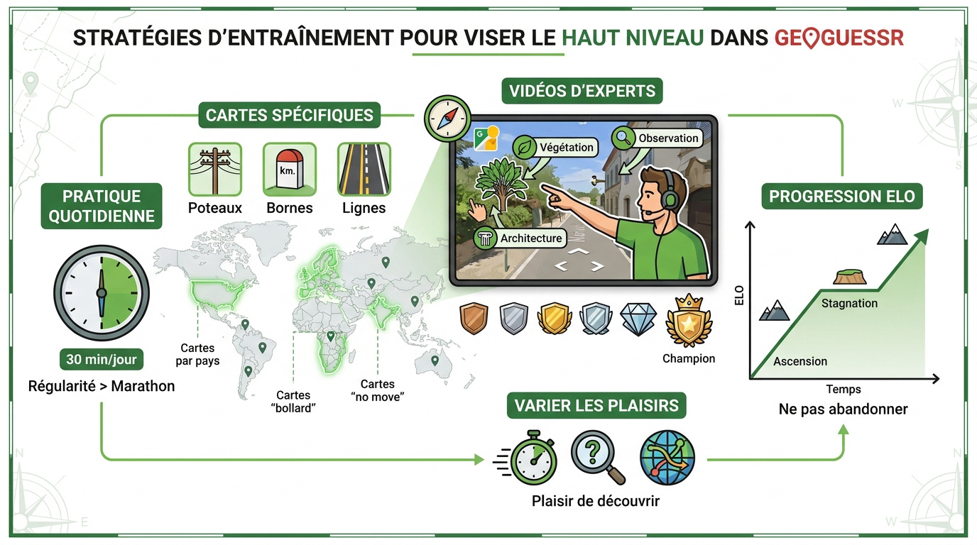 Joueur de GeoGuessr analysant des indices géographiques sur une carte d'entraînement