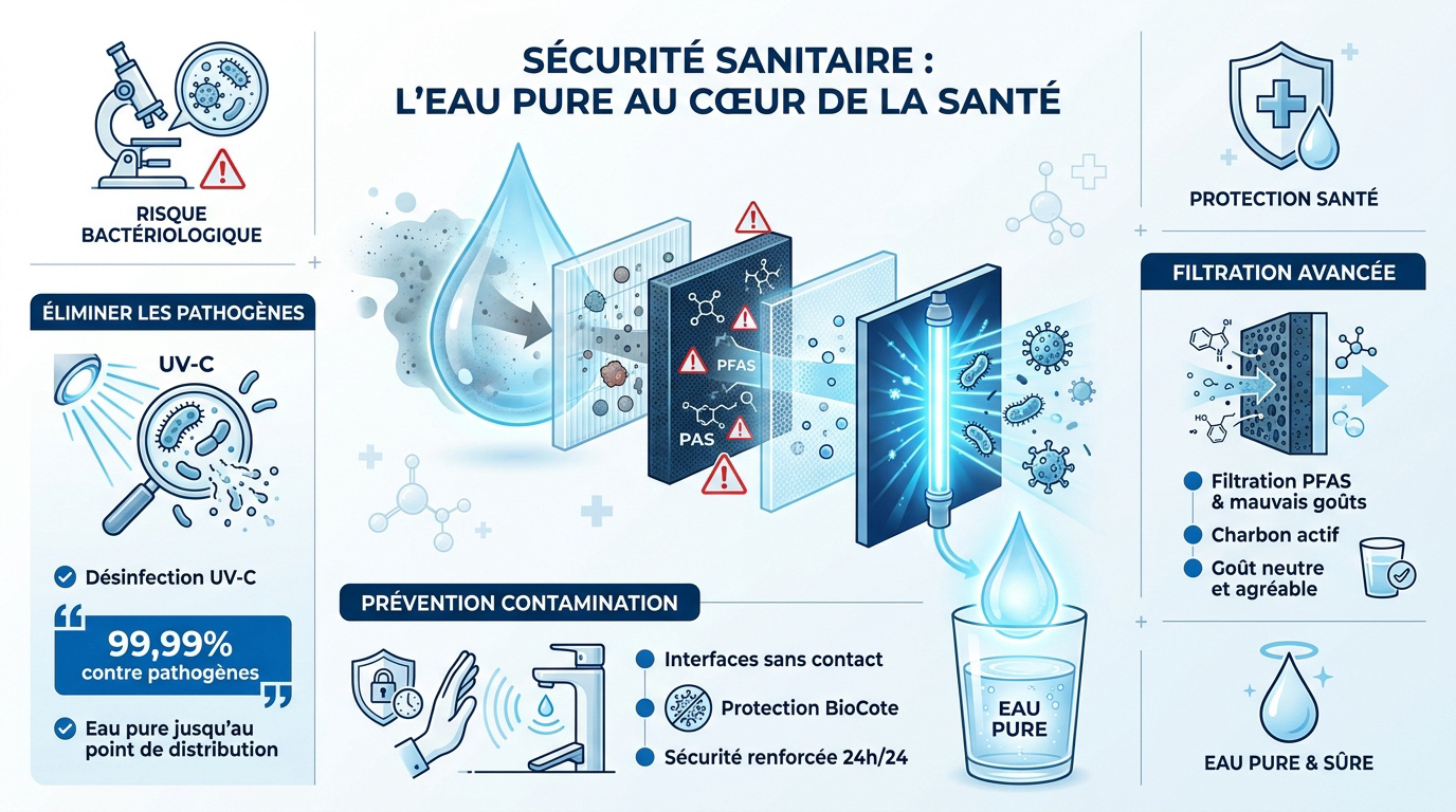 Système de filtration et de sécurisation sanitaire pour fontaine à eau en milieu médical
