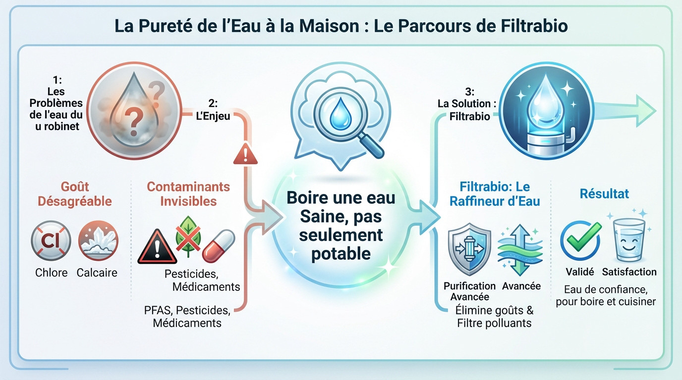Schéma illustrant le processus de purification de l'eau domestique par le système Filtrabio
