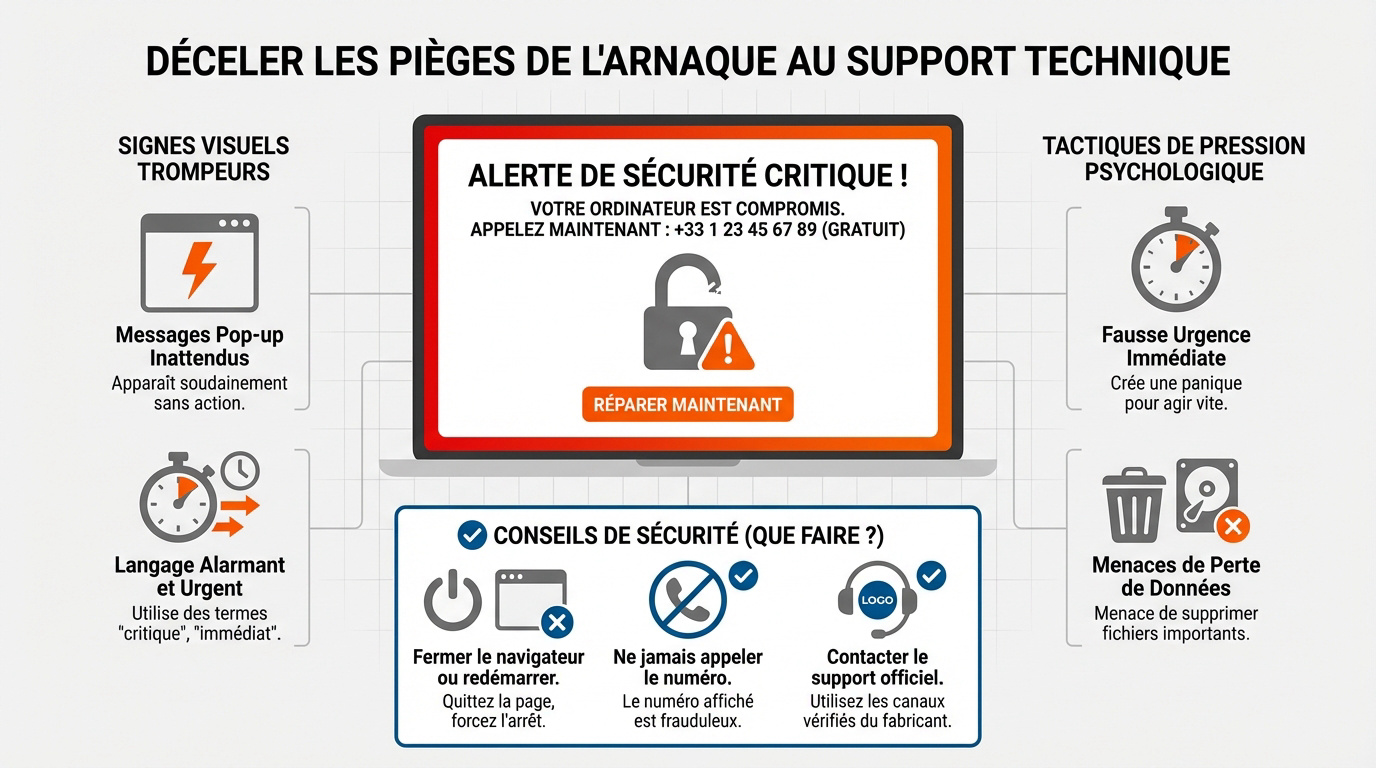 Arnaque faux support technique : fausse alerte de sécurité affichée sur un écran d'ordinateur