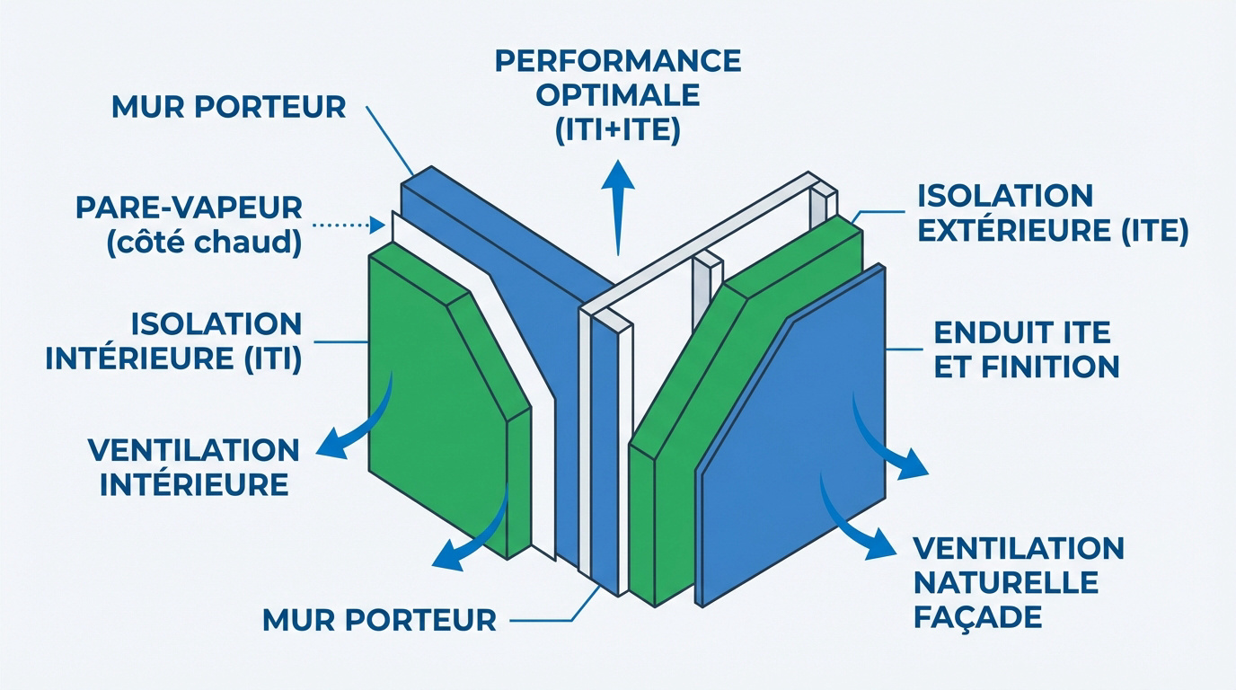 Schéma technique d'une coupe de mur associant isolation thermique par l'intérieur et enduit de façade extérieur