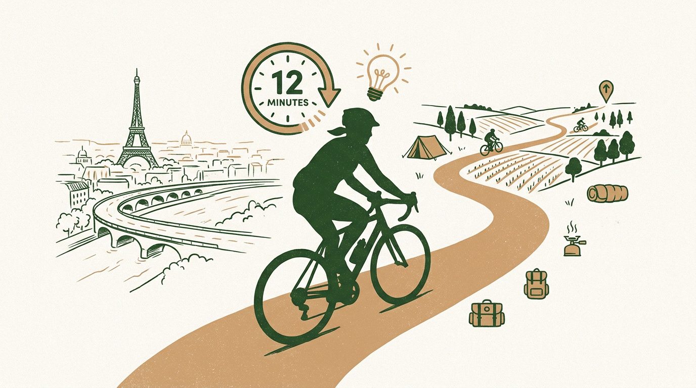 Cycliste en bikepacking quittant Paris pour le Grand Nord