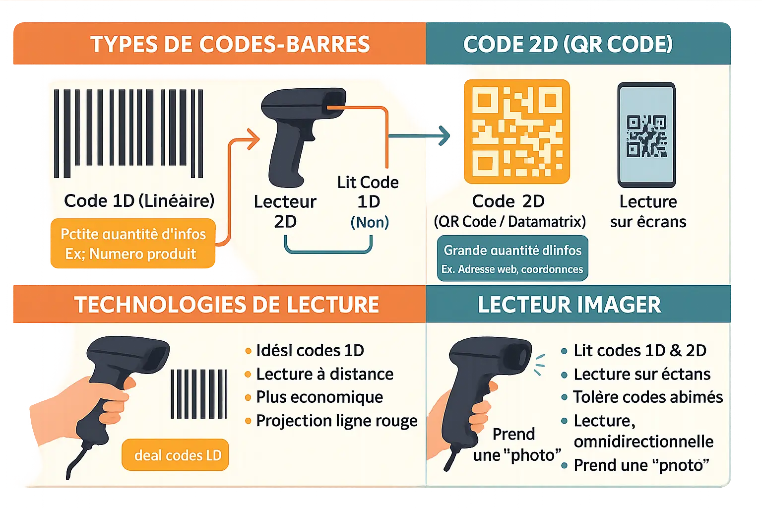 Illustration des différents types de douchettes code barre