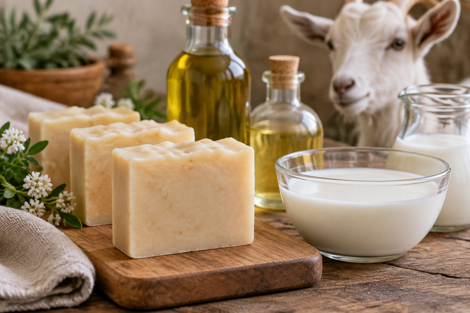 Des pains de savon posés sur une planche en bois, avec des flacons d’huile, un bol de liquide blanc et une chèvre en arrière-plan.