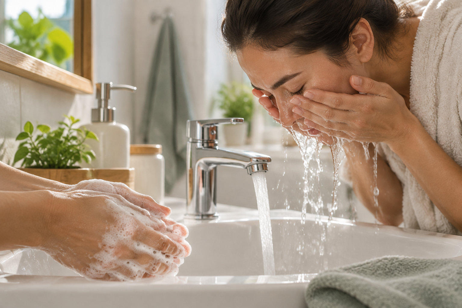 Une femme se rince le visage au-dessus d’un lavabo tandis qu’une autre personne se lave les mains avec du savon.