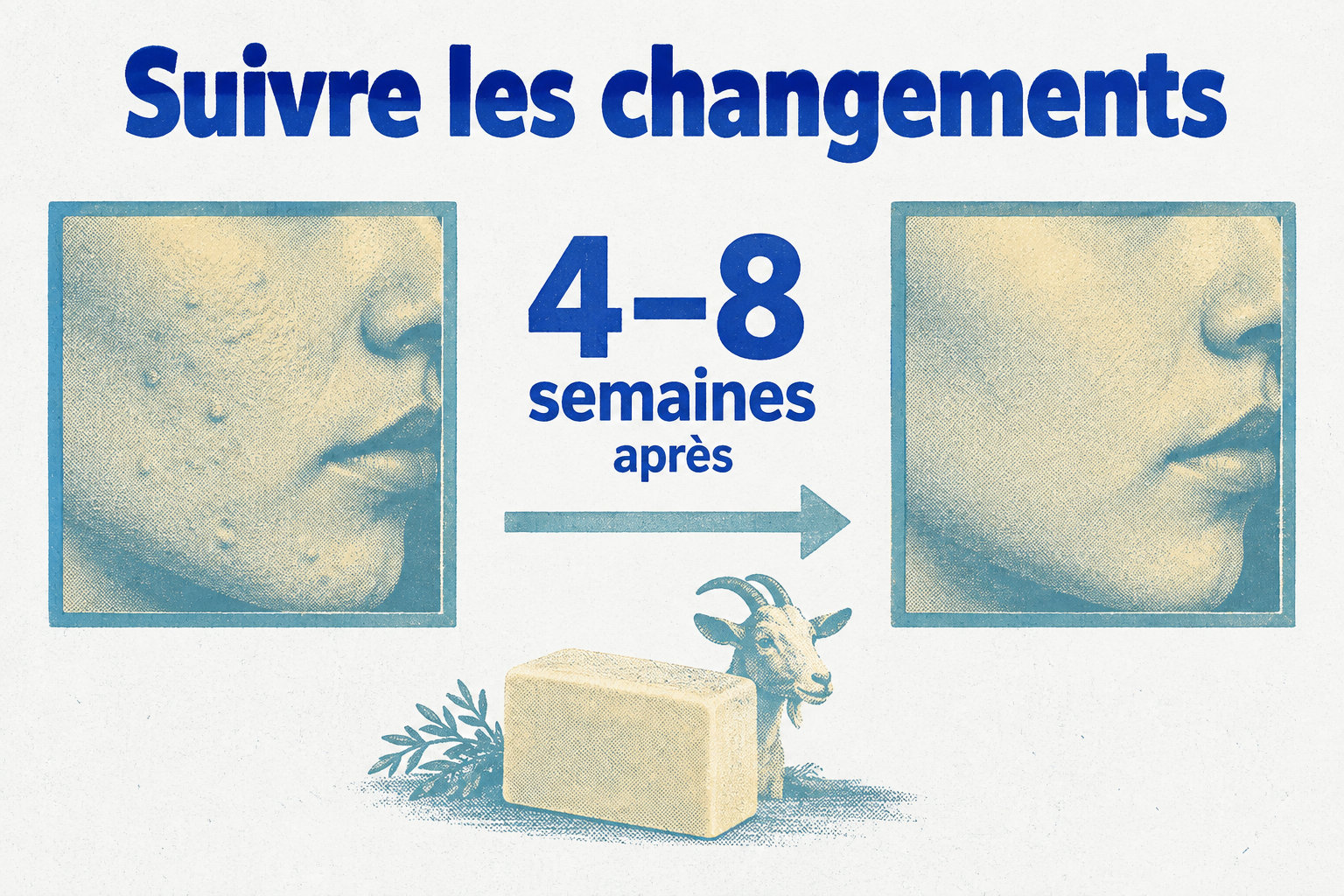 La frise indique de reprendre une photo après 4 à 8 semaines pour suivre les changements, sans garantir de résultat.