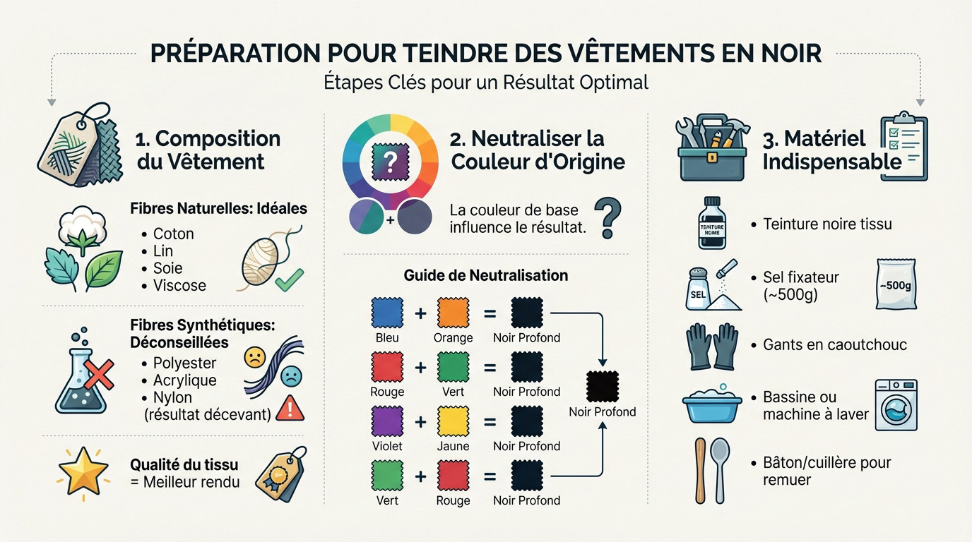 Matériel nécessaire pour teindre un vêtement en noir : teinture, sel et gants