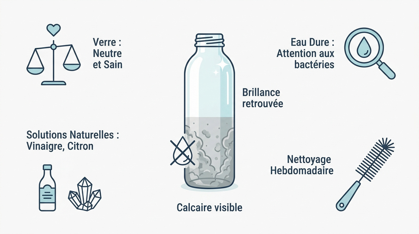 Nettoyage d'une gourde en verre borosilicate avec des produits naturels pour éliminer le calcaire