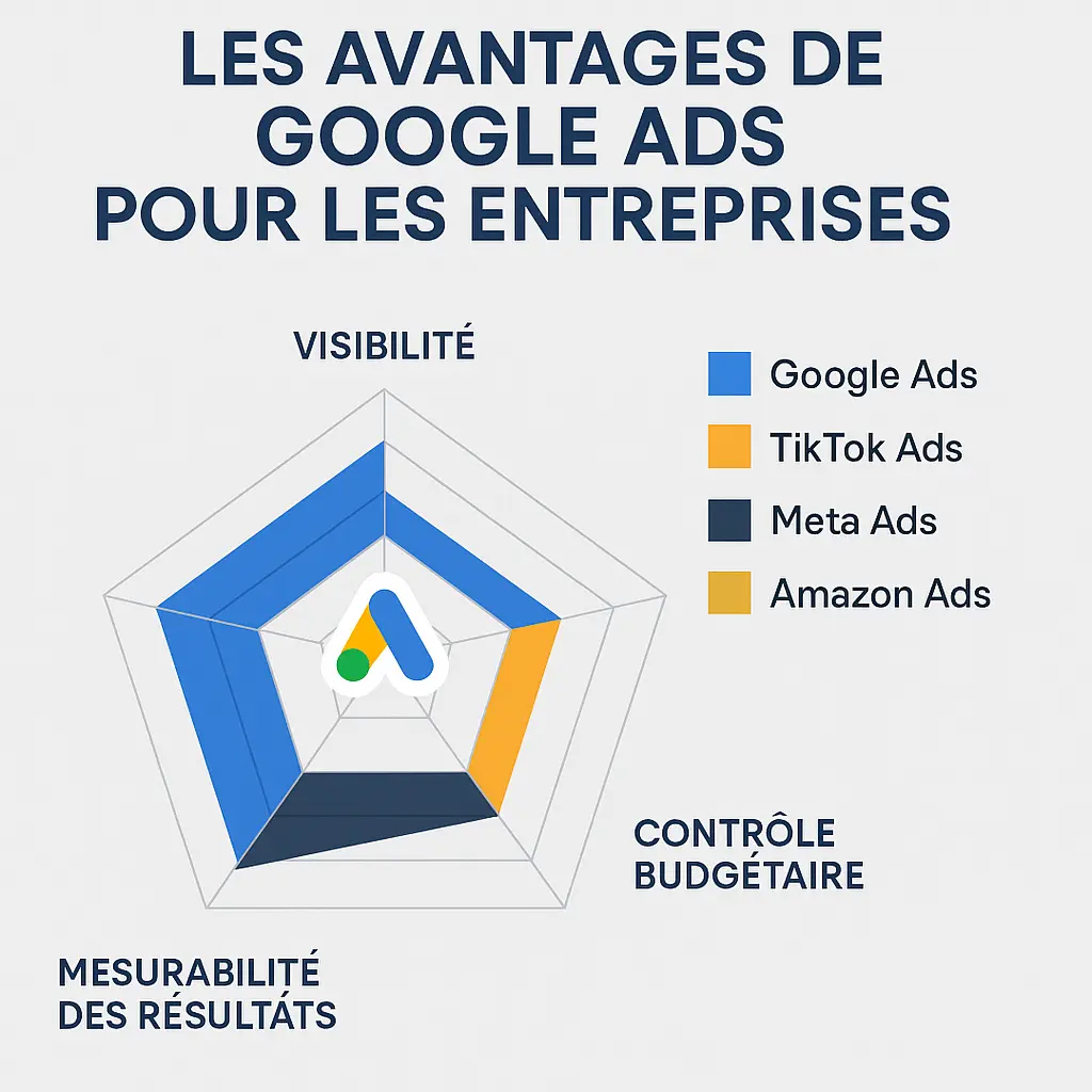 Infographie comparant les avantages de Google Ads par rapport à
d'autres plateformes publicitaires comme TikTok Ads, Meta Ads et Amazon
Ads, en termes de visibilité, ciblage, contrôle budgétaire et
mesurabilité.