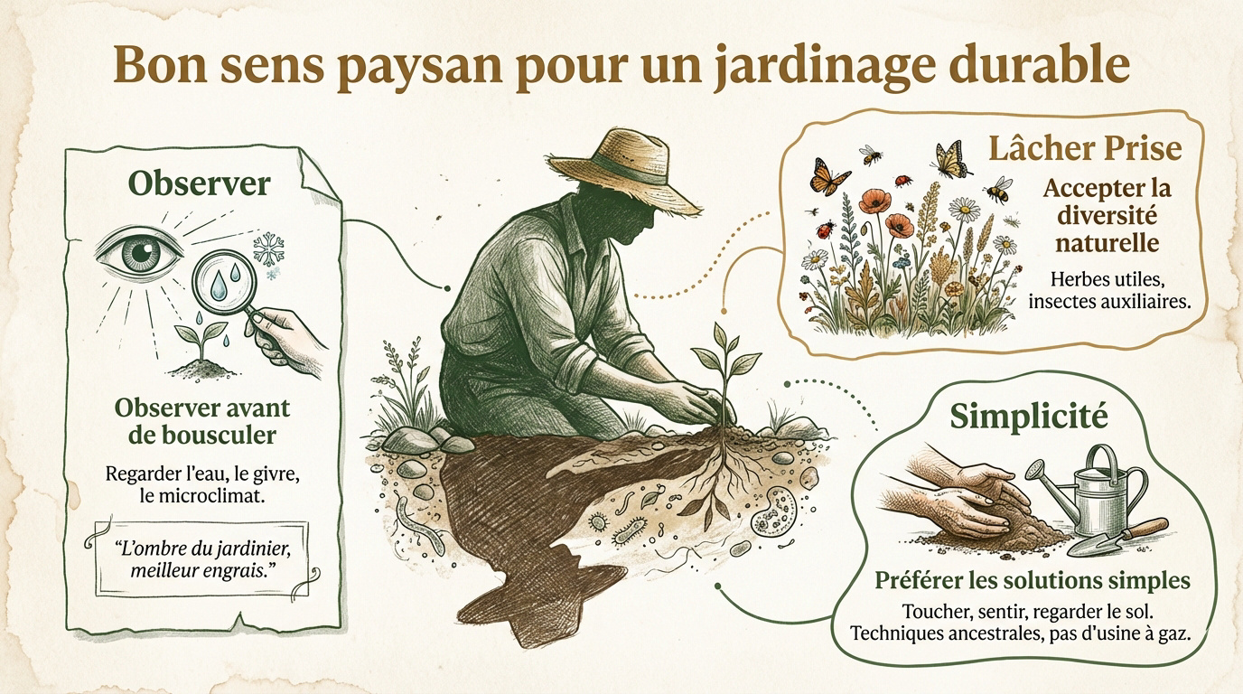 Illustration : bon sens paysan et jardinage durable dans un potager naturel.