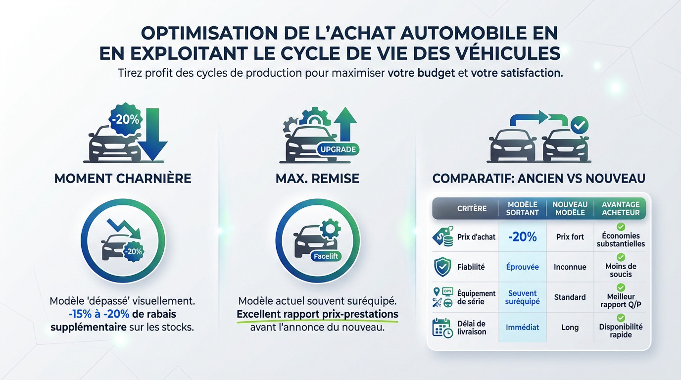 Graphique montrant l'évolution du prix d'une voiture en fonction de son cycle de vie et des sorties de nouveaux modèles