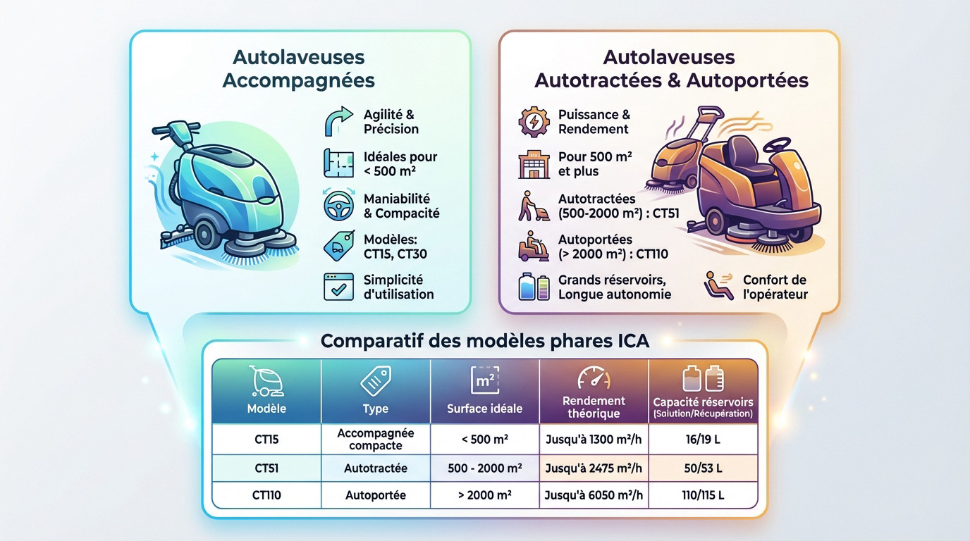 Autolaveuses ica Comparatif visuel de la gamme d'autolaveuses ICA : modèles accompagnés vs autoportés