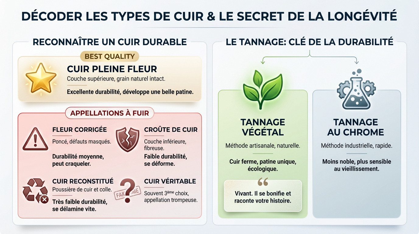 Schéma explicatif comparant les couches de la peau : cuir pleine fleur, fleur corrigée et croûte de cuir