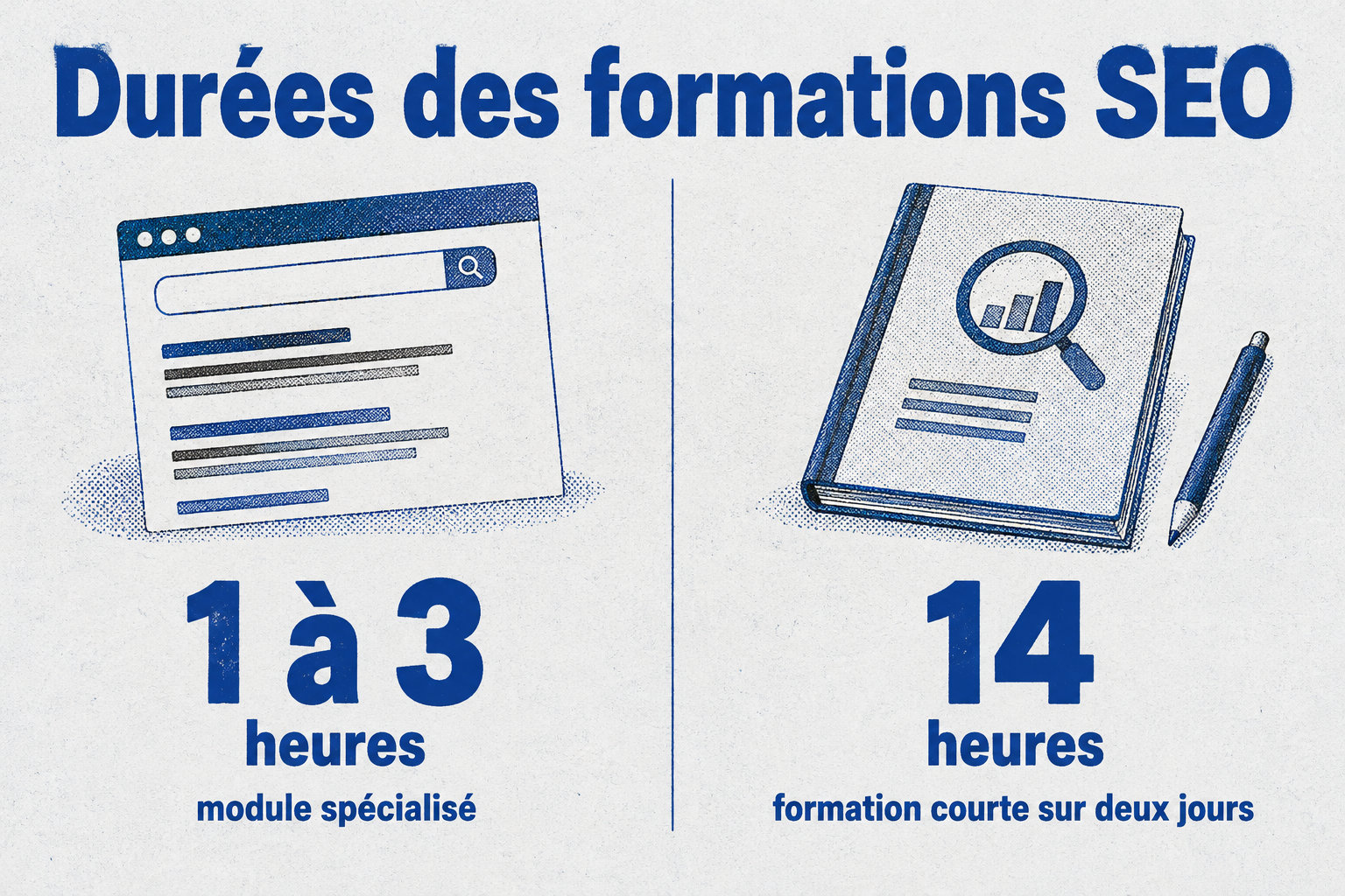 Un module spécialisé dure de 1 à 3 heures, tandis qu’une formation courte dure 14 heures sur deux jours.