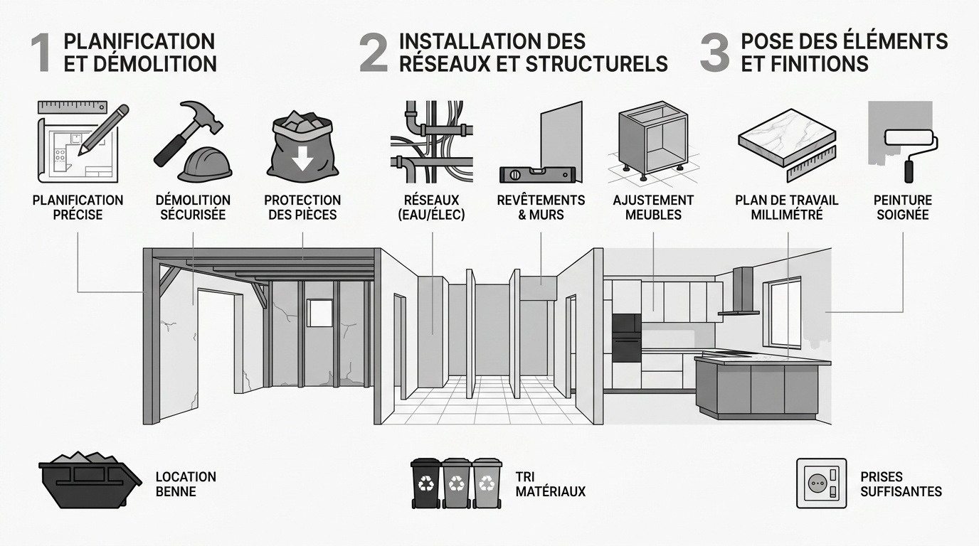 Schéma des étapes clés pour réussir la rénovation d'une cuisine en 2026