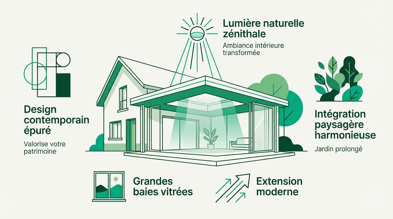 Véranda moderne à toit plat avec grandes surfaces vitrées dans le Nord