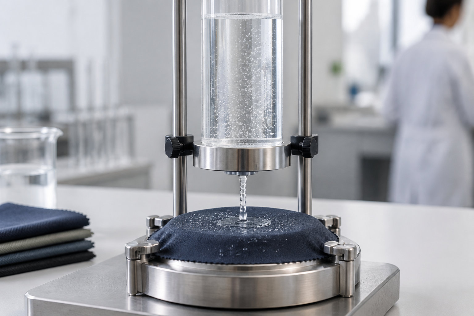 Un appareil de laboratoire fait couler de l’eau sur un tissu bleu foncé fixé sur une plateforme métallique.