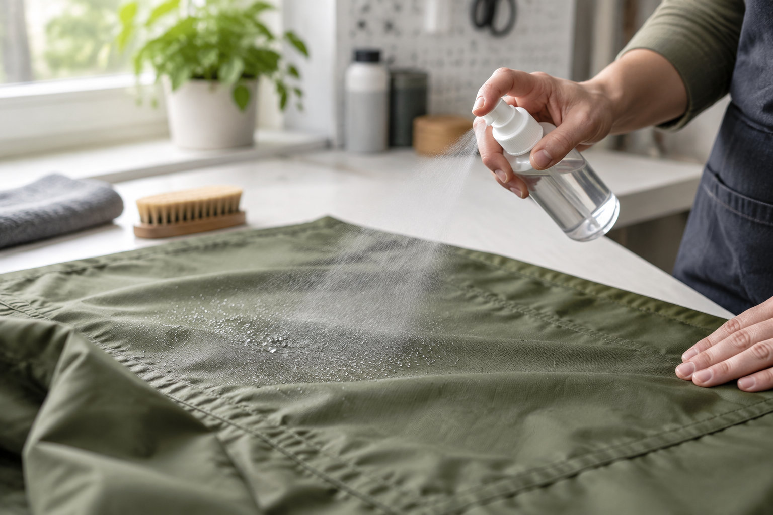 Une personne vaporise un liquide sur un vêtement vert posé sur une table.