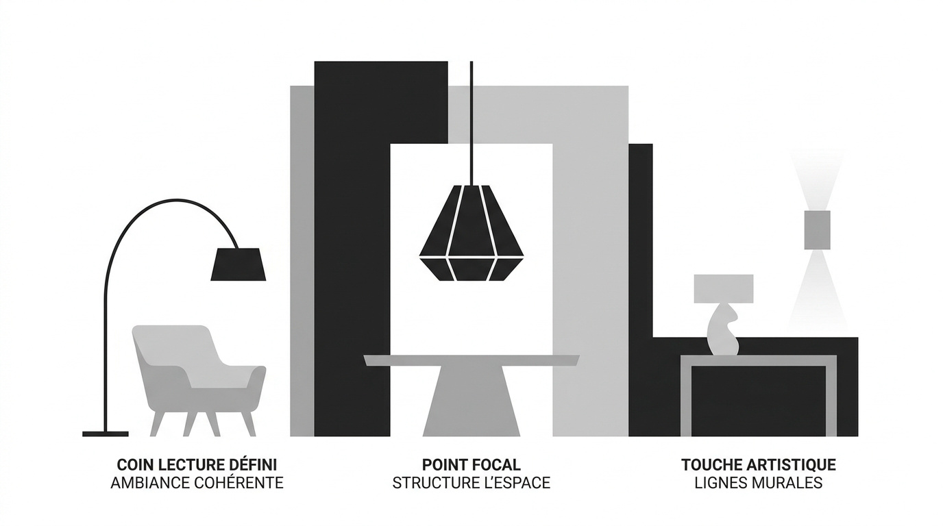 Infographie présentant les principes d'un design d'éclairage minimaliste et structurant pour l'intérieur