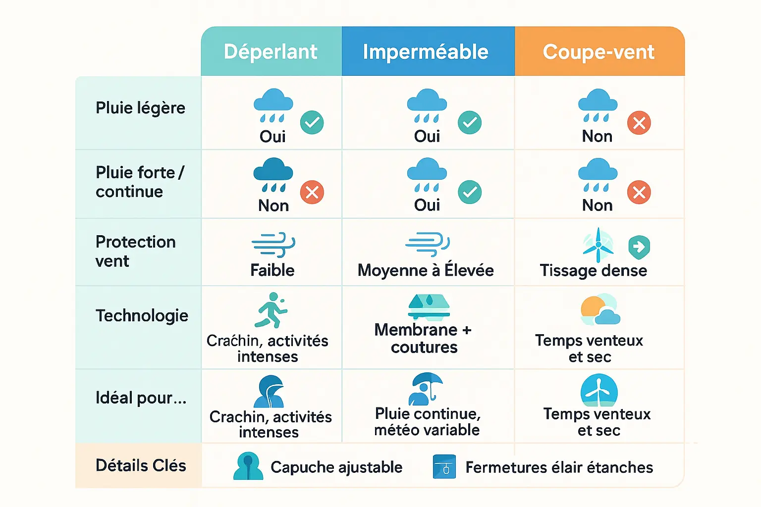 Comparatif entre déperlant, imperméable et coupe-vent