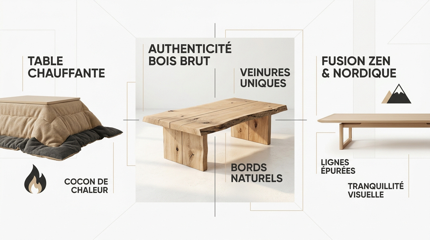 Table basse japonaise en bois massif de style live edge dans un salon zen