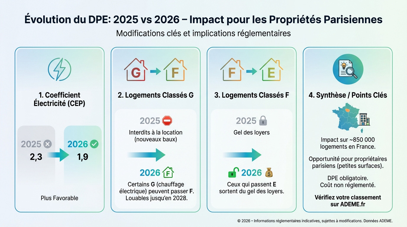 Graphique montrant l'évolution du DPE entre 2025 et 2026 et son impact positif sur les propriétés parisiennes