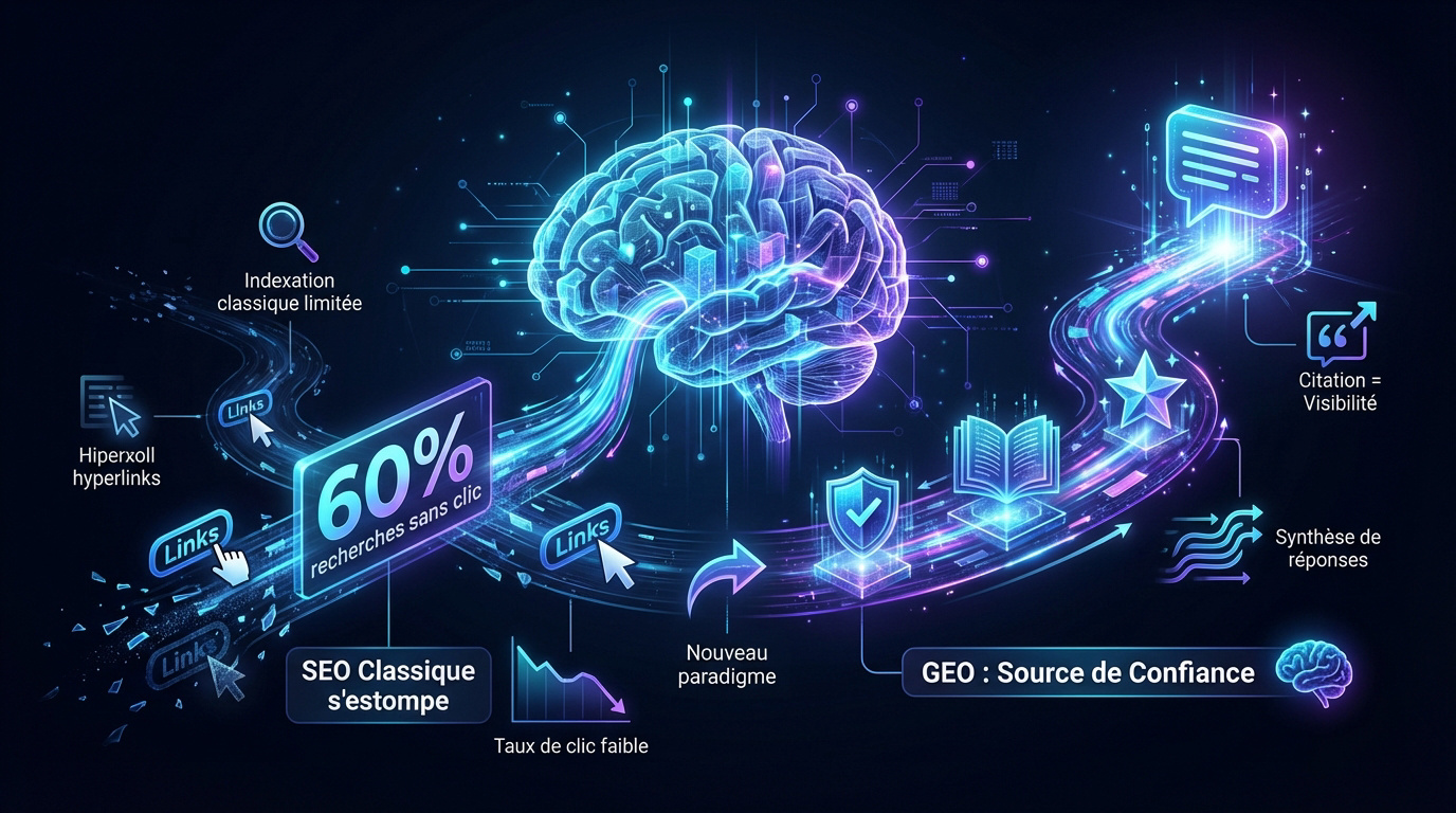 Schéma illustrant l'évolution du SEO traditionnel vers le Generative Engine Optimization