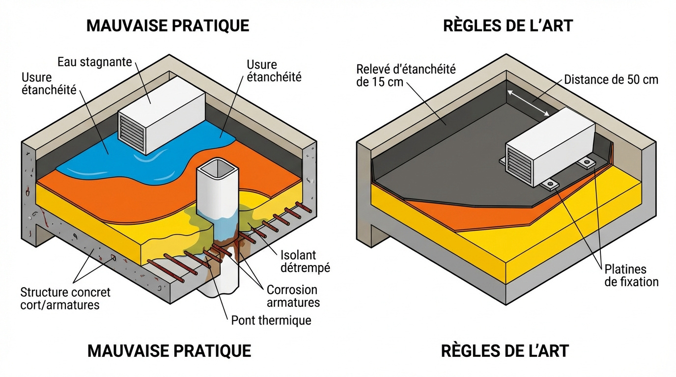Comparaison entre mauvaise pratique et règles de l'art pour l'étanchéité d'une toiture terrasse avec climatisation