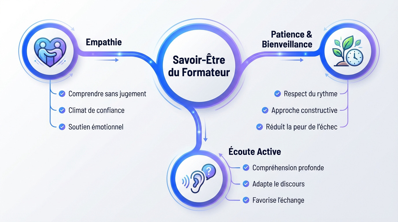 Infographie illustrant le savoir-être et les qualités humaines du formateur