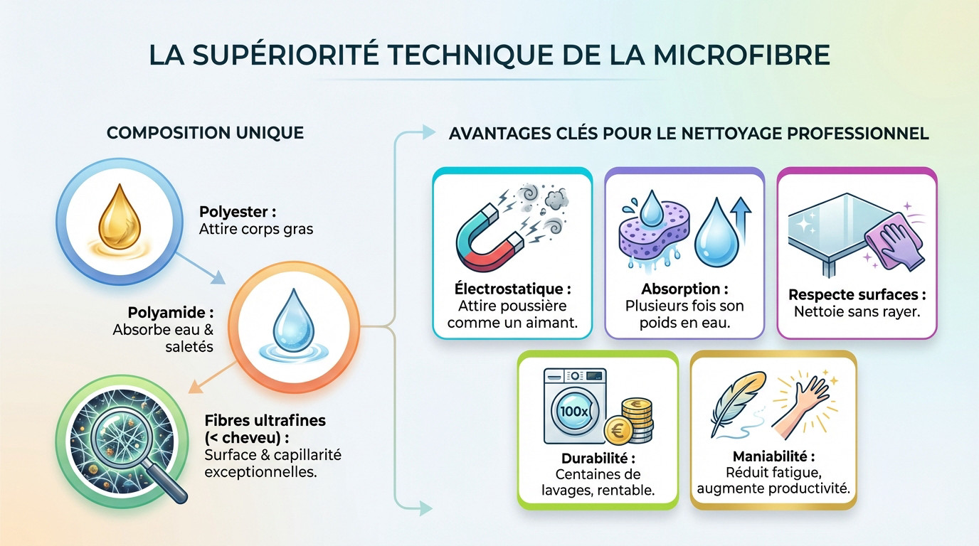 Structure microscopique d'une frange microfibre montrant les fibres de polyester et polyamide