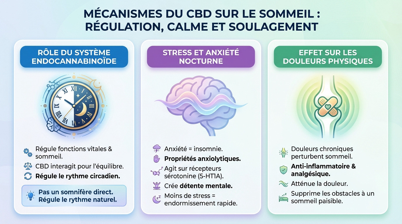 Schéma explicatif des mécanismes d'action du CBD sur le système endocannabinoïde et le sommeil