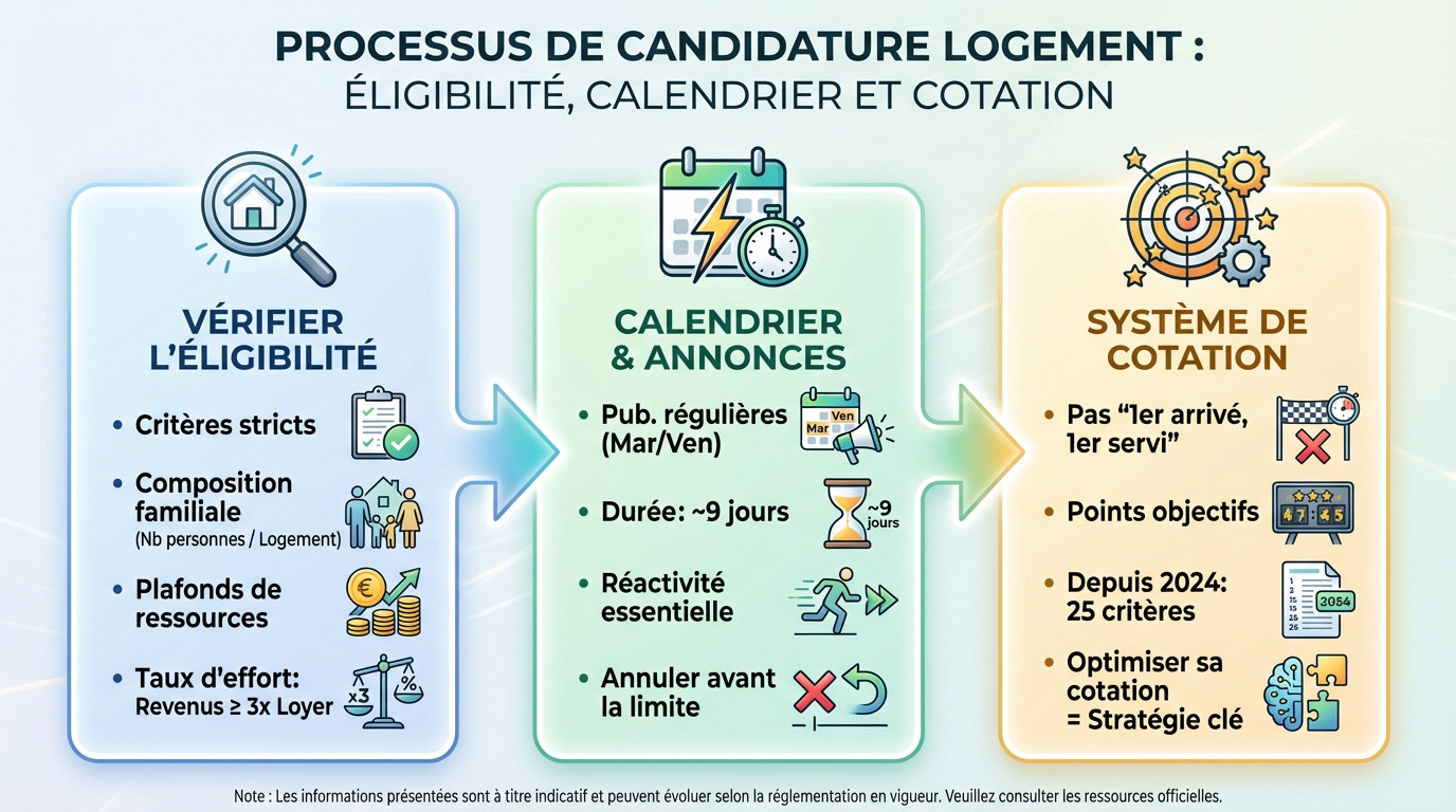 Schéma explicatif des étapes clés : éligibilité, calendrier et système de cotation pour Loc'annonces