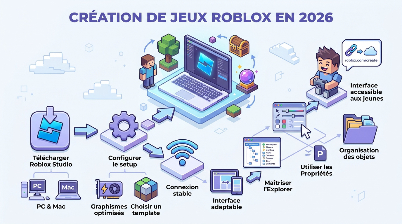 Infographie expliquant les étapes pour créer un jeu sur Roblox Studio en 2026