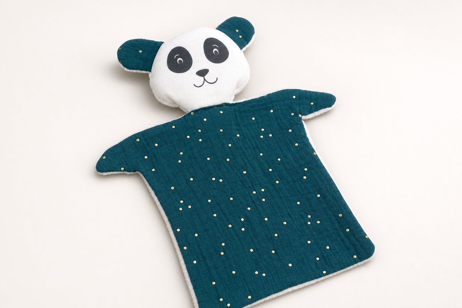 Doudou Panda double gaze bleu pétrole points dorés : douceur et contraste