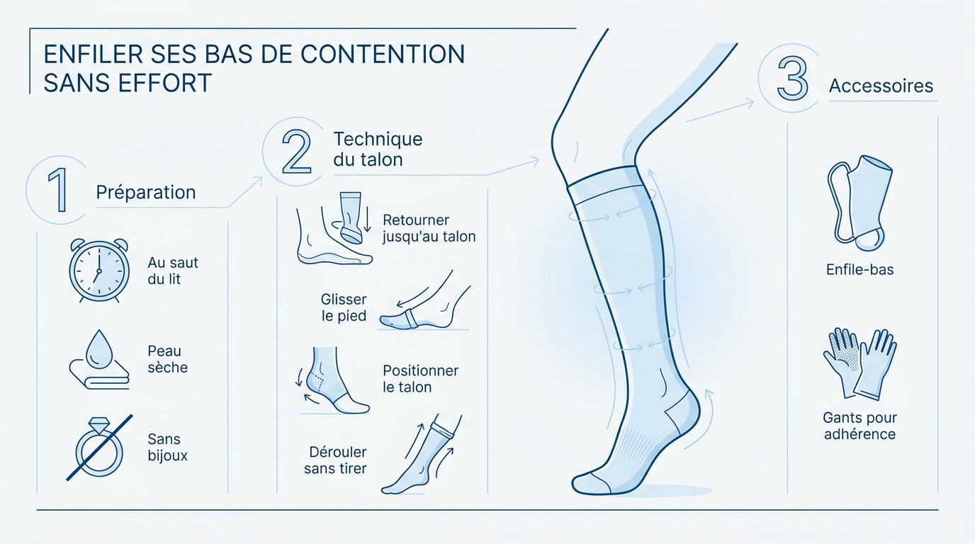 Enfile bas de contention : comment bien choisir Illustration des étapes pour enfiler correctement un bas de contention