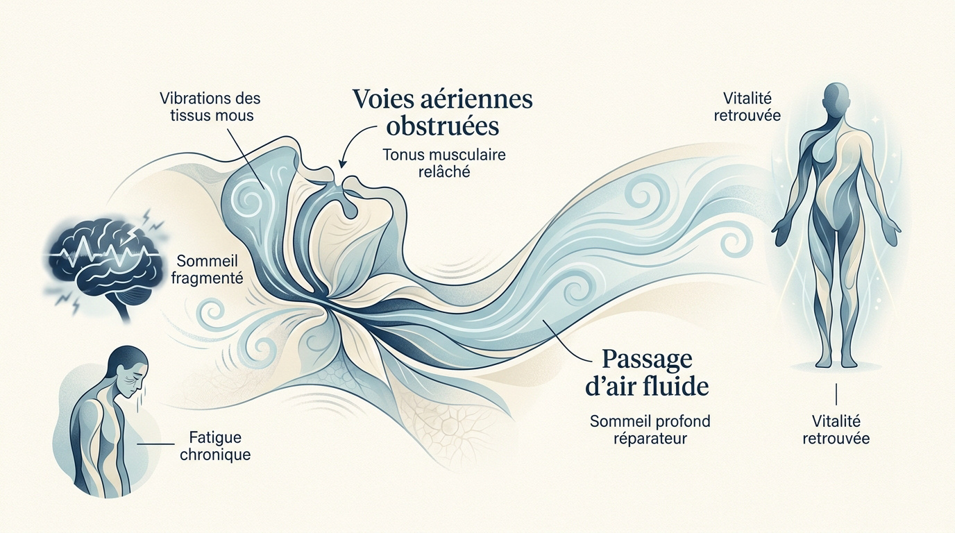 Que faire contre le ronflement ? Schéma des voies respiratoires montrant l'obstruction et le passage de l'air
