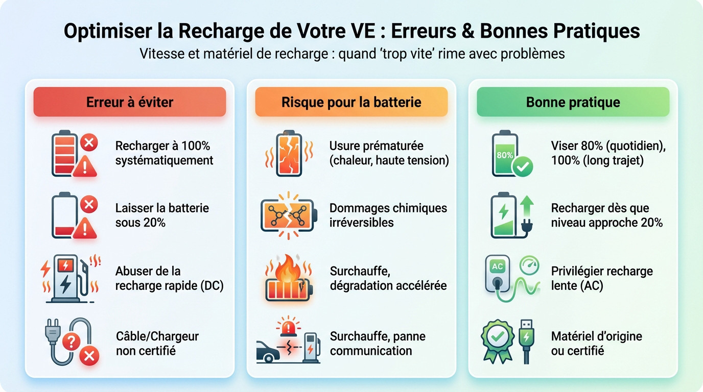 Schéma illustrant les erreurs de recharge voiture électrique et les solutions pour la batterie