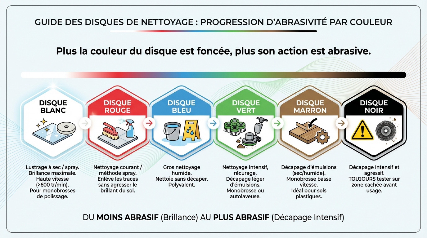 Guide visuel de l'échelle d'abrasivité des disques de nettoyage du blanc au noir