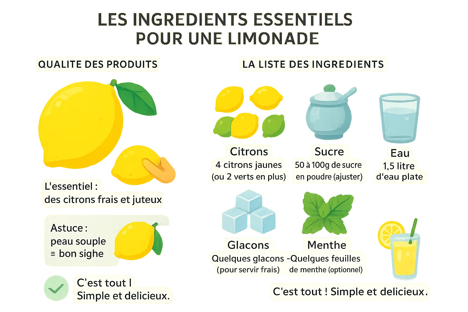 Ingrédients pour une citronnade maison