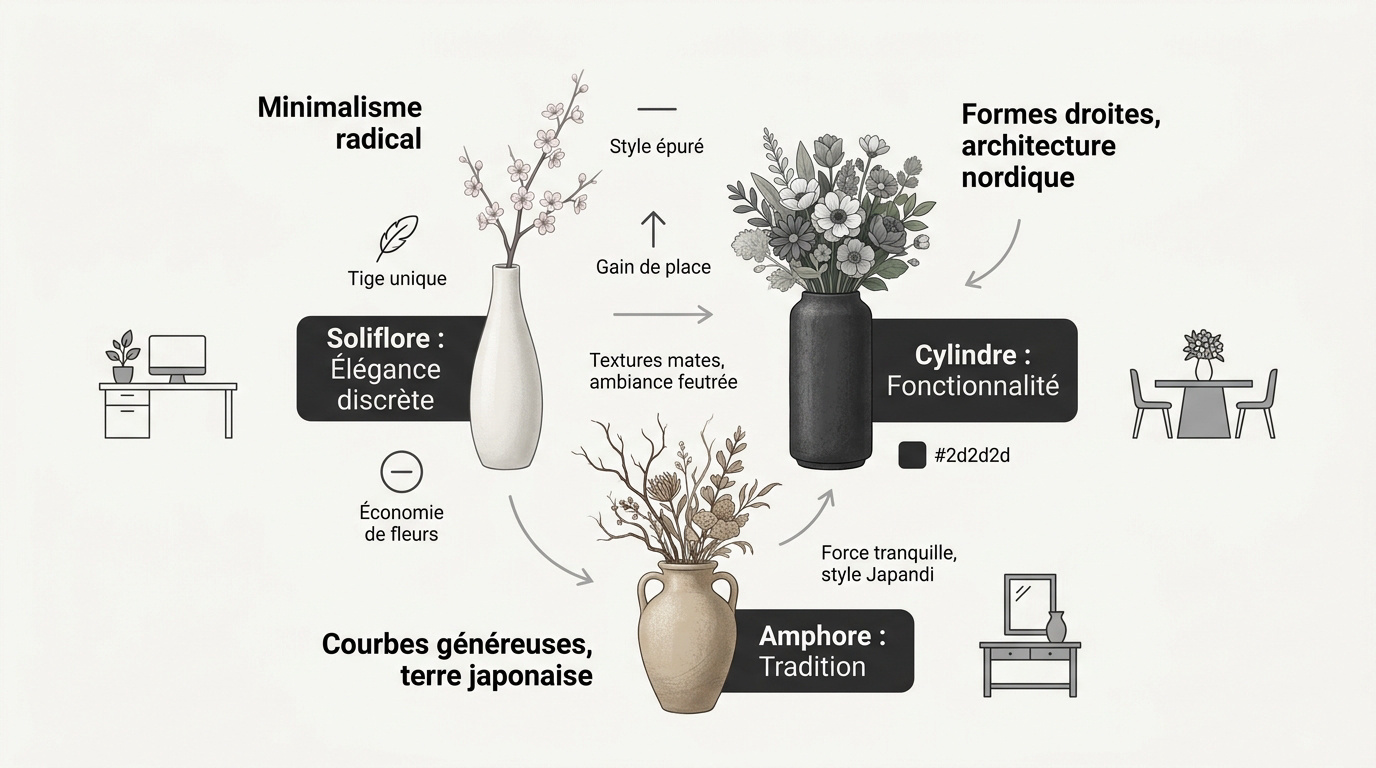 Infographie présentant trois styles de vases japonais et leurs ambiances décoratives respectives