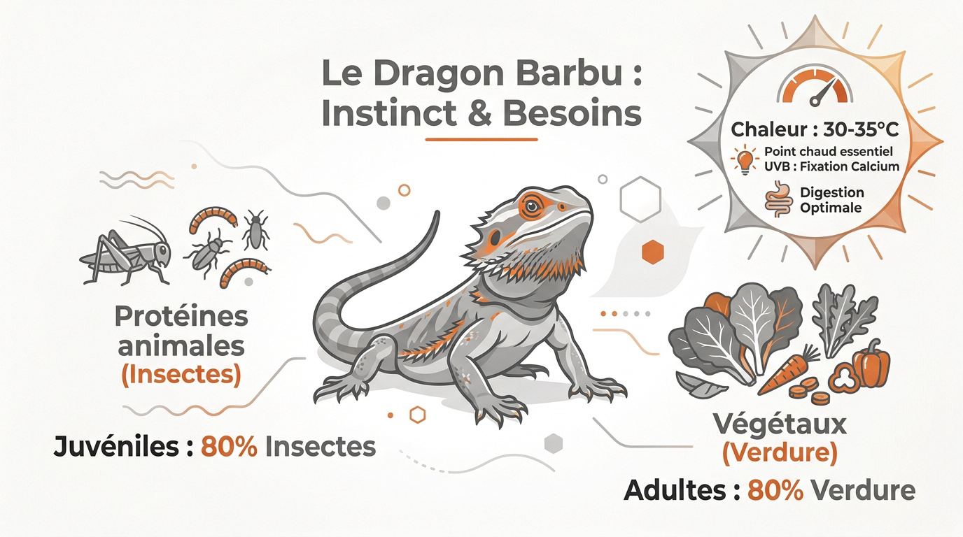 Dragon barbu profitant de la chaleur de sa lampe pour digérer