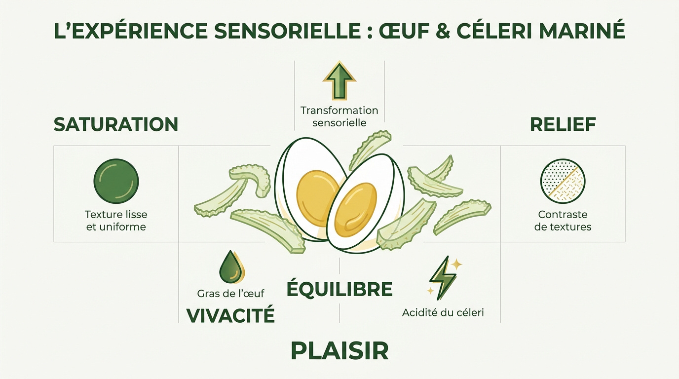 Contraste visuel et textural entre œufs crémeux et céleri mariné croquant