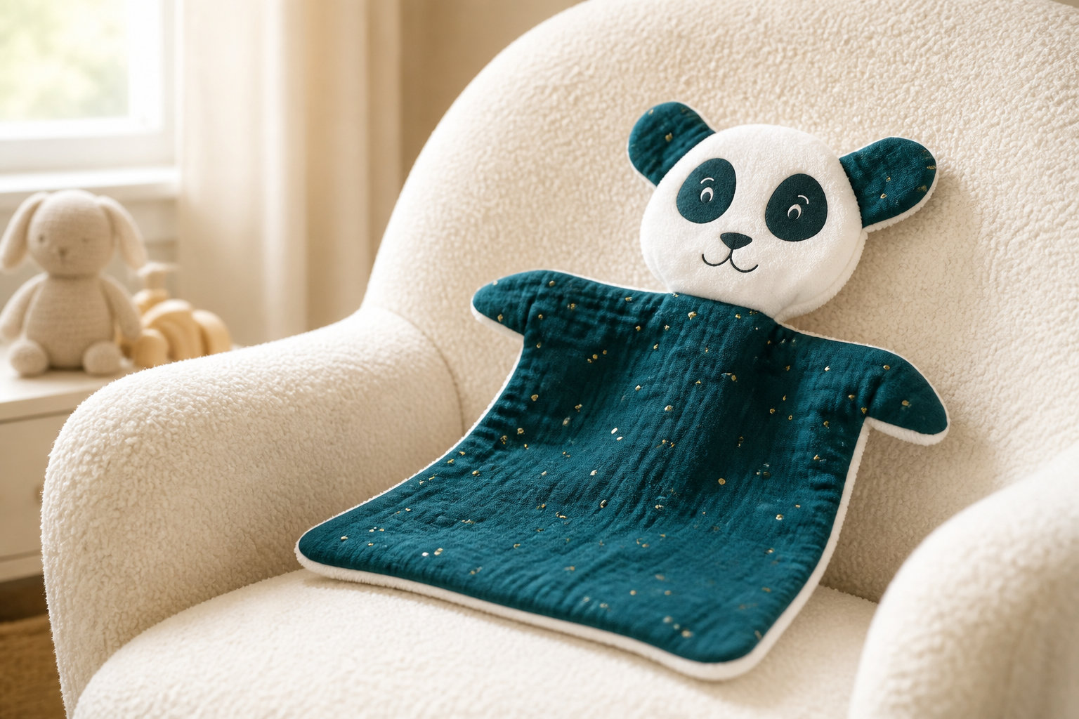 Doudou Panda double gaze bleu pétrole points dorés