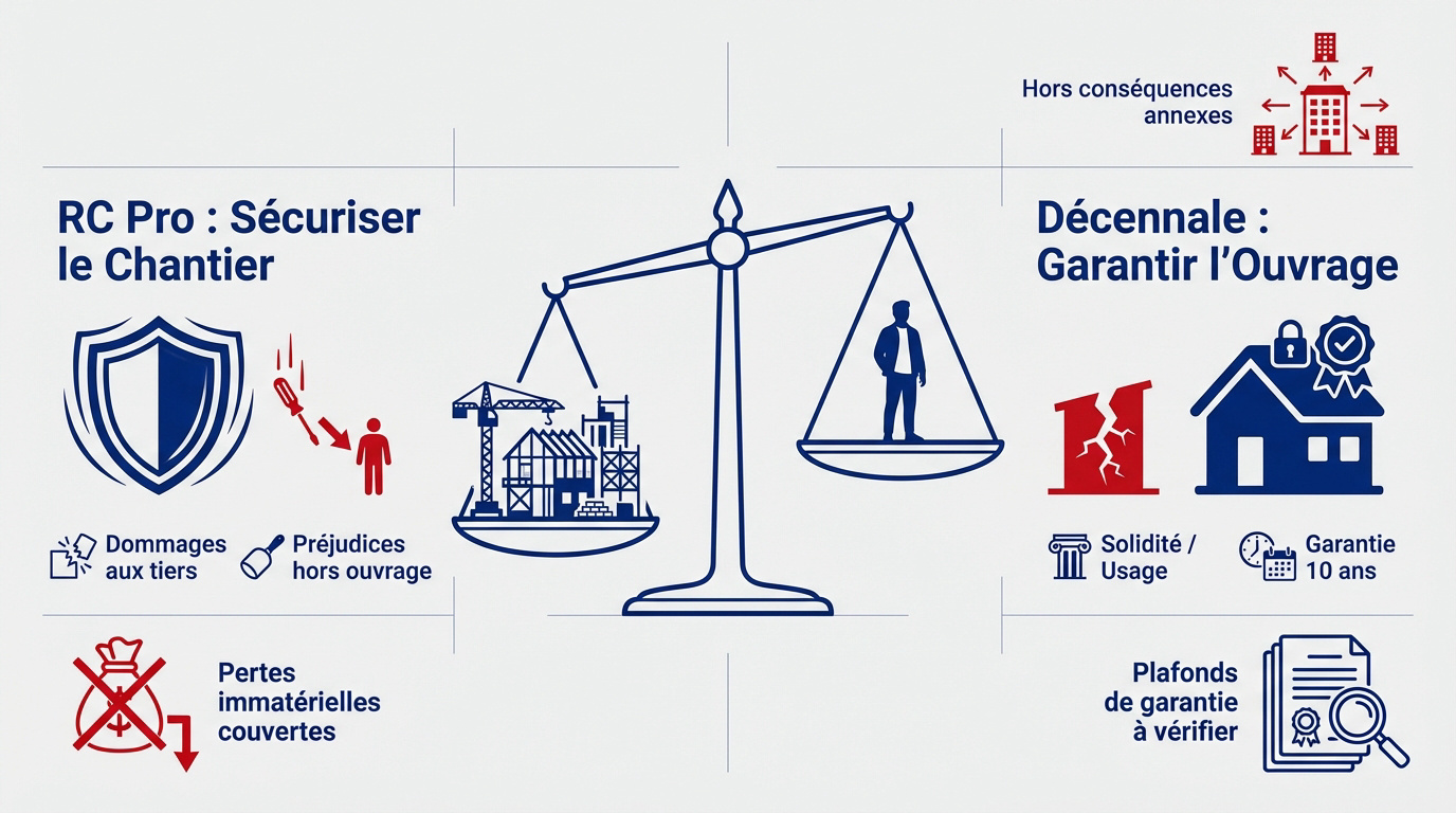 Infographie comparative entre l'assurance Responsabilité Civile Professionnelle et la garantie décennale pour les artisans du bâtiment