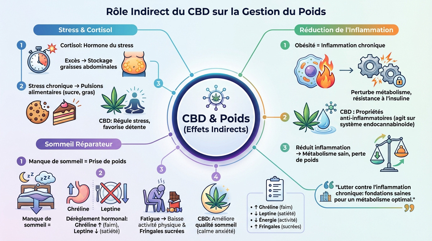 Schéma illustrant l'impact du stress et du sommeil sur la prise de poids et le rôle régulateur du CBD